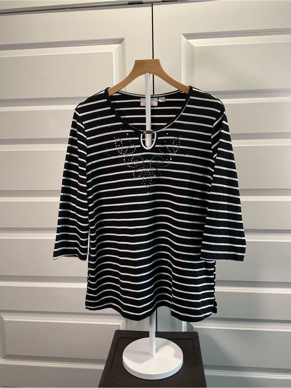 Quacker Factory Black and White Striped Long Sleeve Top with Neck Embellishment